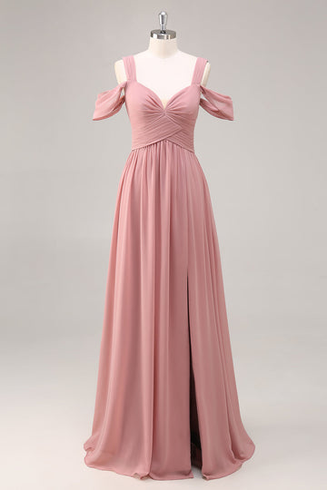 Dusty Rose Cold Shoulder Ruched Long Bridesmaid Dress with Slit